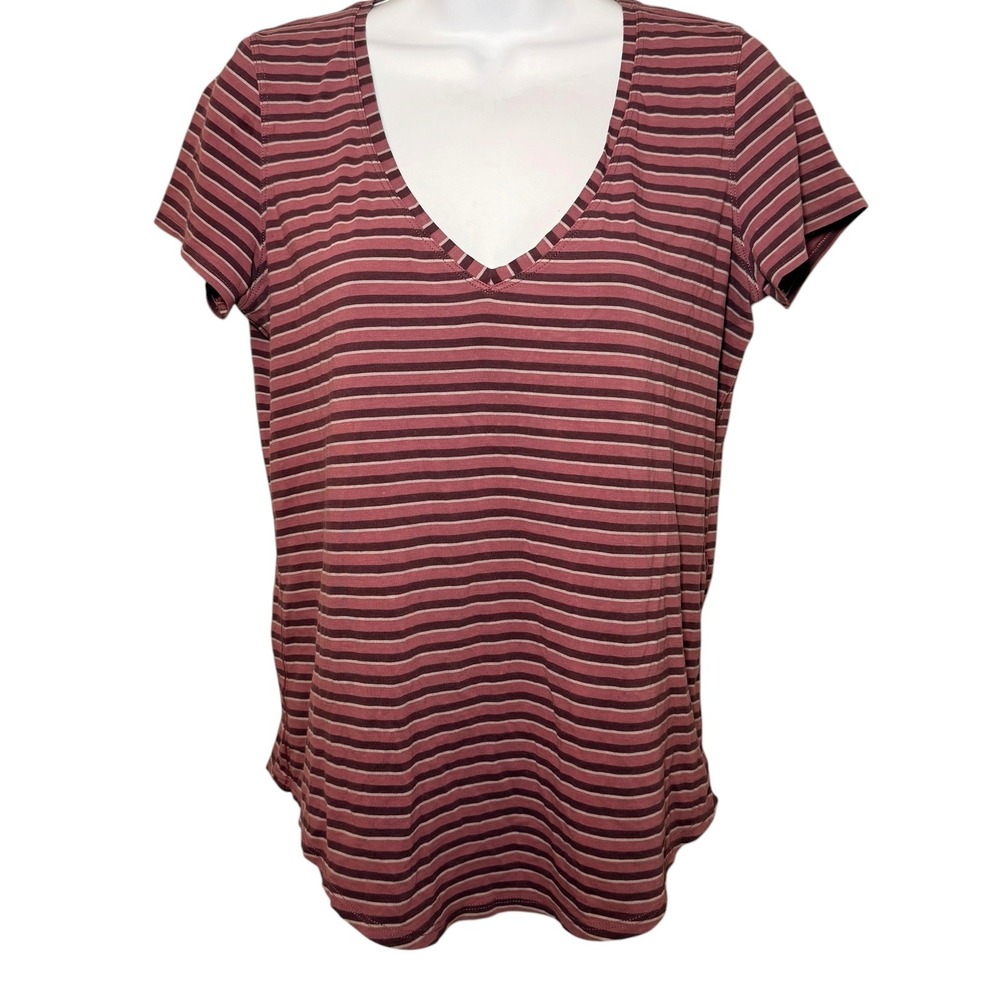 Lululemon Love Tee V-Neck Striped Short Sleeve Shirt Plum Burgundy Womens Medium